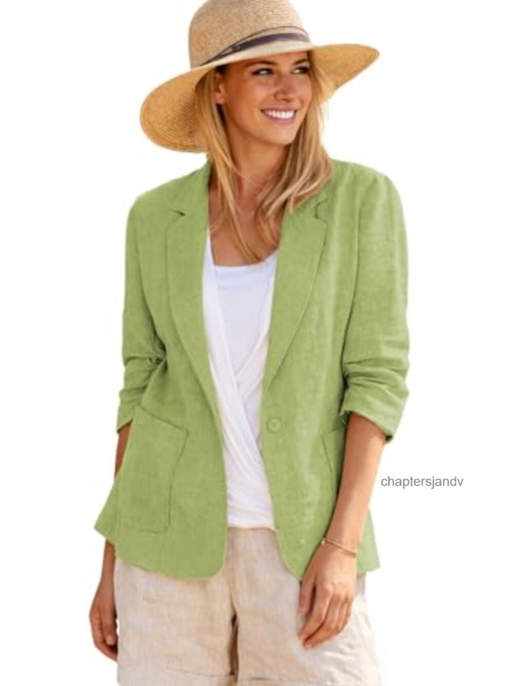 Linen Blend Blazer Jacket Lightweight 3/4 Ruched Sleeve Business Casual